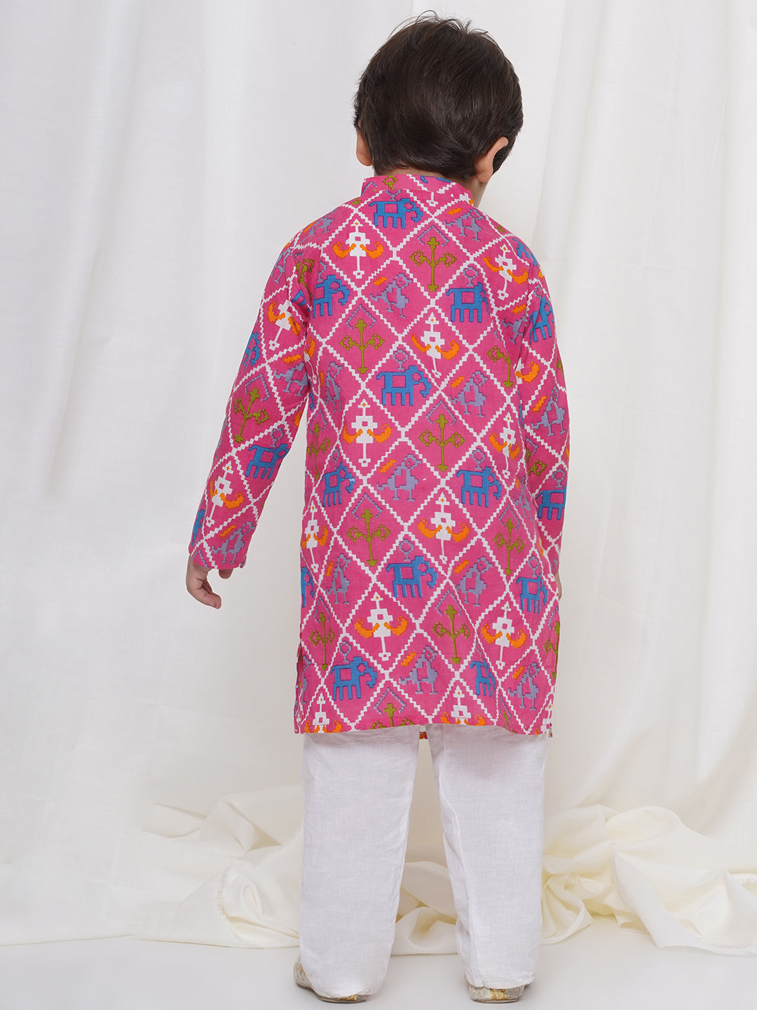 Kids Boys Pink Animal Print Cotton Kurta Pyjama Set