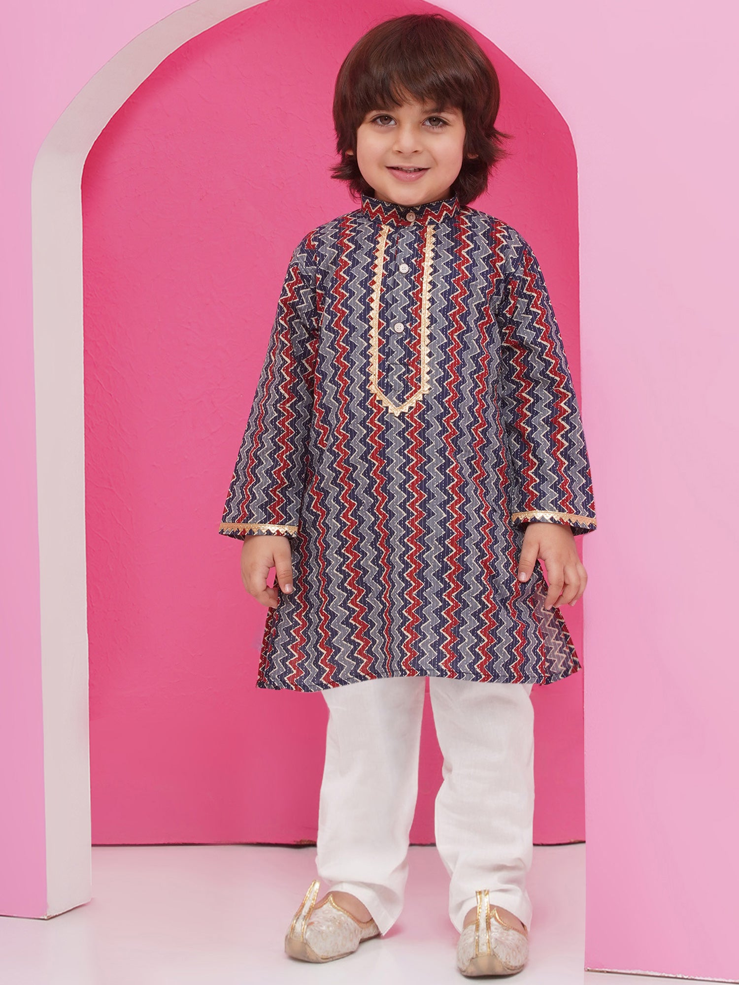 Dark Blue Pure Cotton Full Sleeves Printed Kurta Pyjama Set For Boys