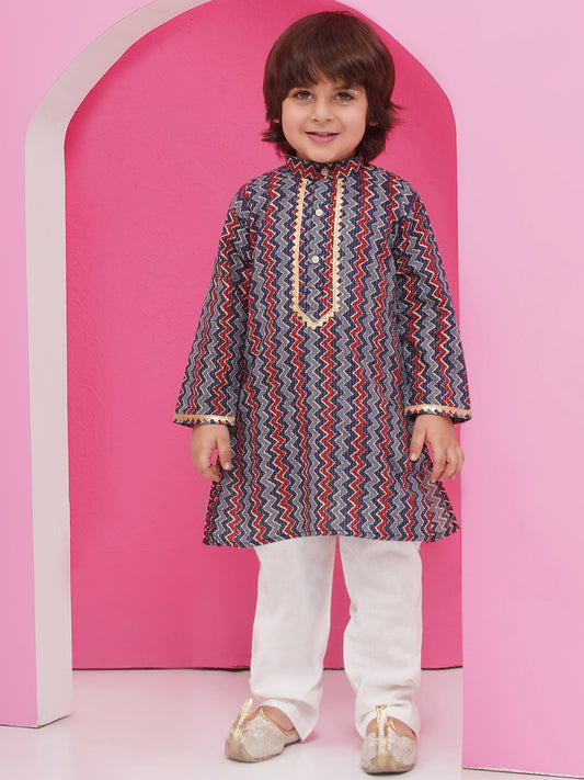 Aj Dezines Dark Blue Pure Cotton Full Sleeves Printed Kurta Pyjama Set For Boys