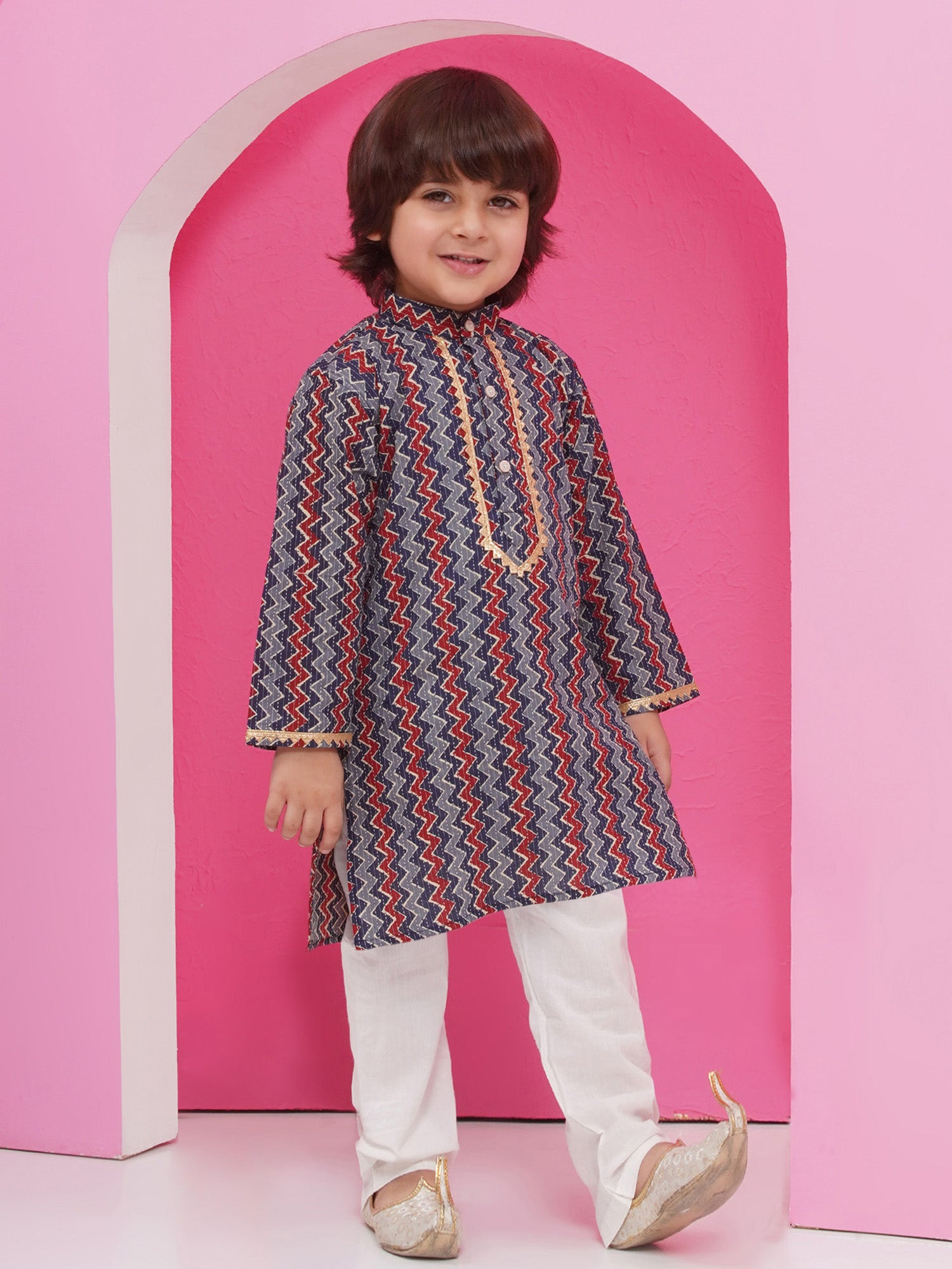 Dark Blue Pure Cotton Full Sleeves Printed Kurta Pyjama Set For Boys