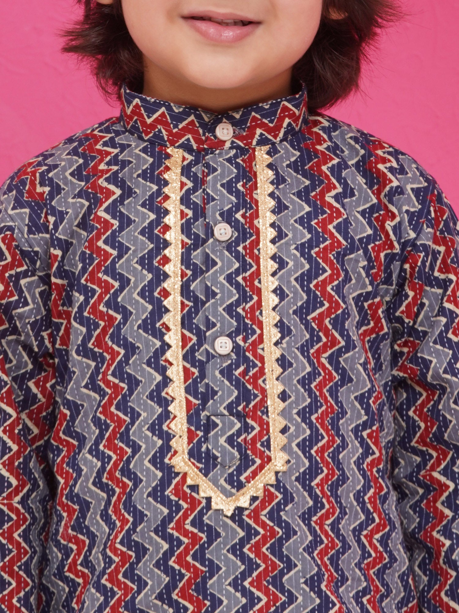 Dark Blue Pure Cotton Full Sleeves Printed Kurta Pyjama Set For Boys