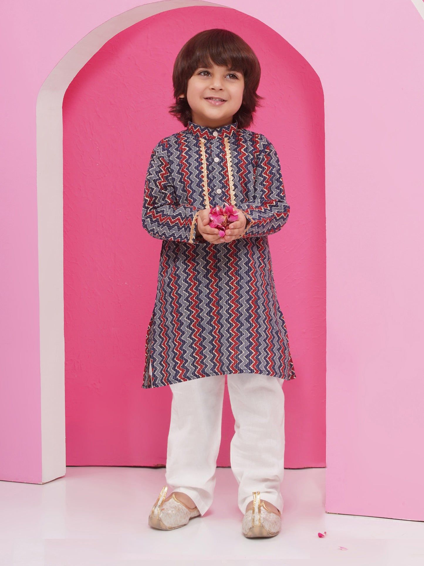 Aj Dezines Dark Blue Pure Cotton Full Sleeves Printed Kurta Pyjama Set For Boys