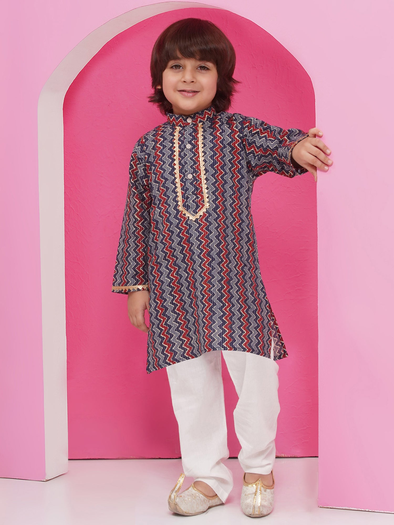 Dark Blue Pure Cotton Full Sleeves Printed Kurta Pyjama Set For Boys