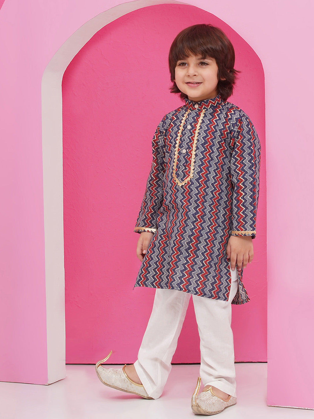 DARK BLUE Pure Cotton Full sleeves Printed Kurta Pyjama Set for Boys