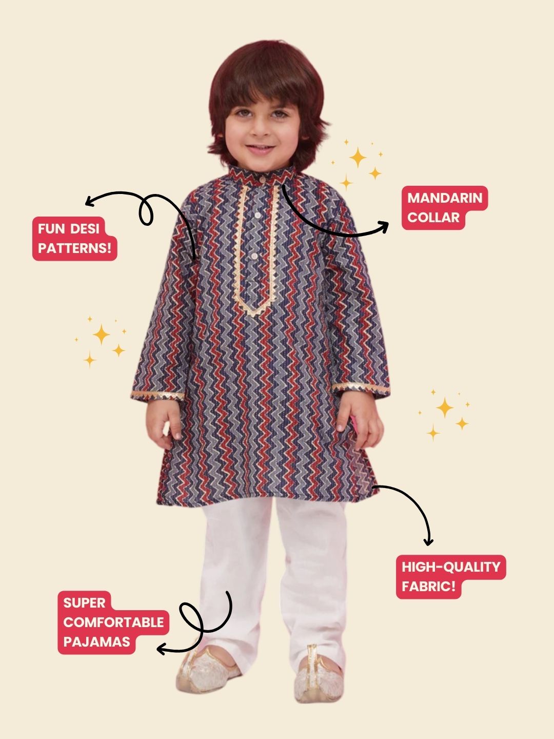 DARK BLUE Pure Cotton Full sleeves Printed Kurta Pyjama Set for Boys