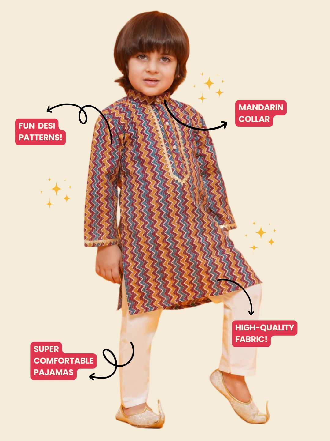 MULTI COLOR Cotton Full sleeves Printed Kurta Pyjama Set for Boys