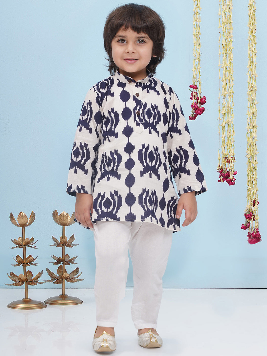 Blue Pure Cotton Full sleeves Printed Kurta Pyjama Set for Boys