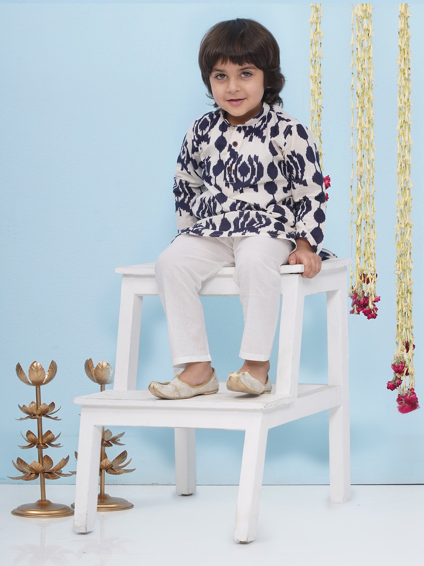 Aj Dezines Blue Pure Cotton Full Sleeves Printed Kurta Pyjama Set For Boys