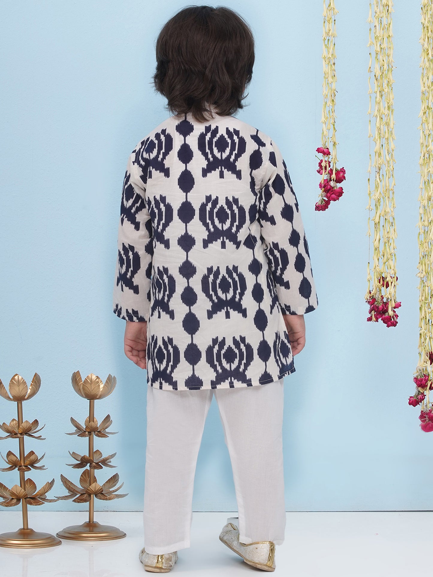 Aj Dezines Blue Pure Cotton Full Sleeves Printed Kurta Pyjama Set For Boys