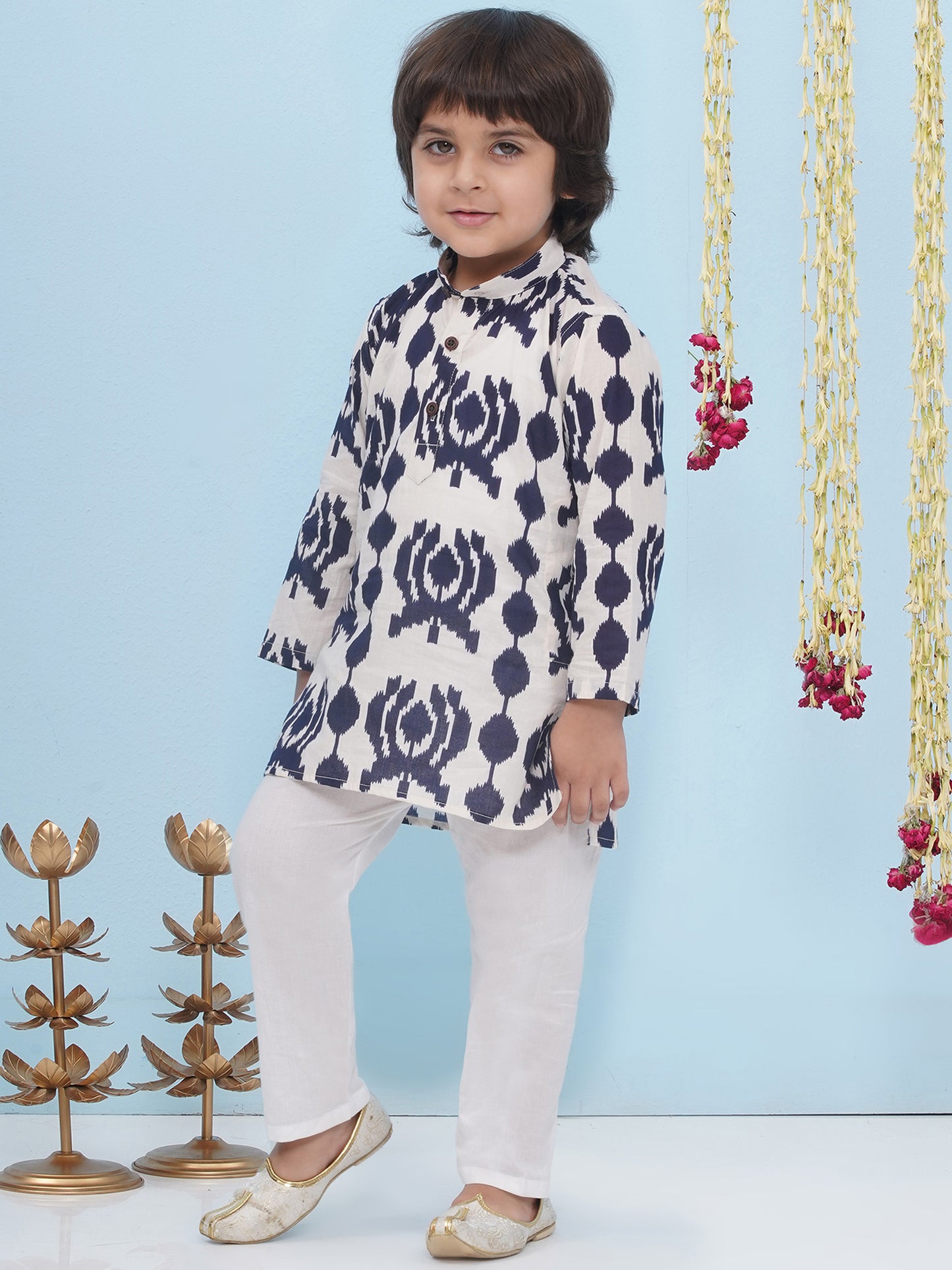 Aj Dezines Blue Pure Cotton Full Sleeves Printed Kurta Pyjama Set For Boys
