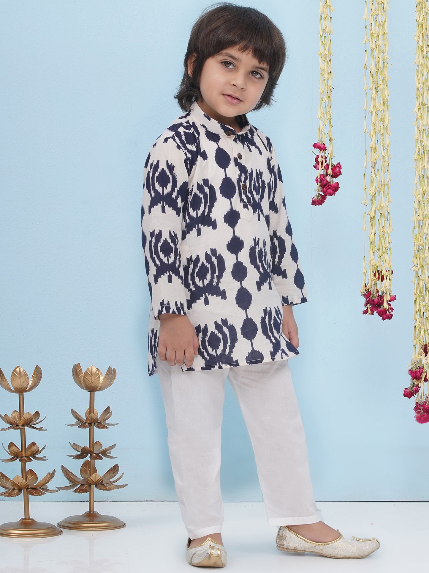 Aj Dezines Blue Pure Cotton Full Sleeves Printed Kurta Pyjama Set For Boys
