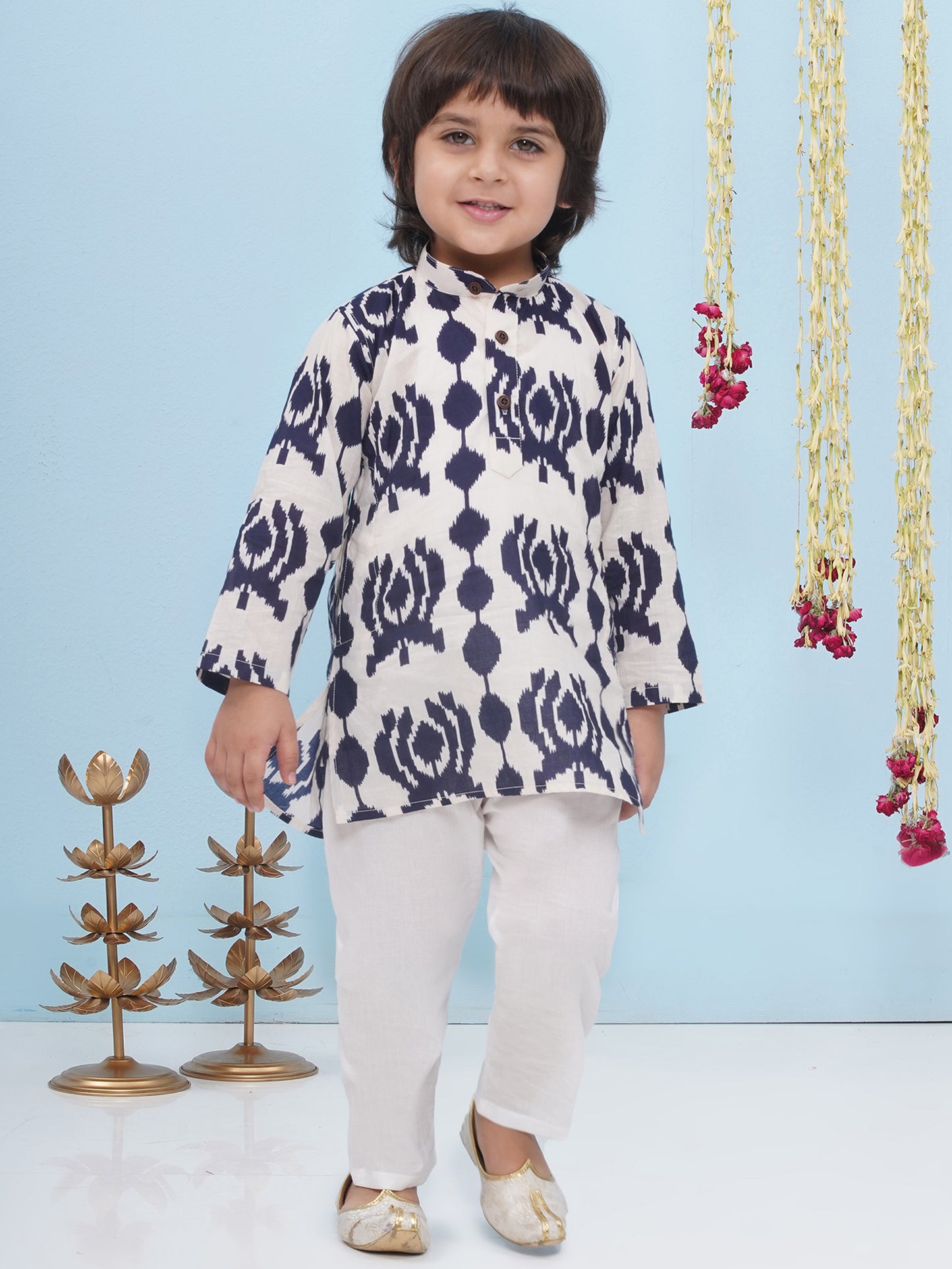 Aj Dezines Blue Pure Cotton Full Sleeves Printed Kurta Pyjama Set For Boys