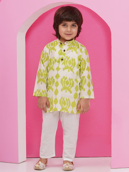 Aj Dezines Green Pure Cotton Full Sleeves Printed Kurta Pyjama Set For Boys