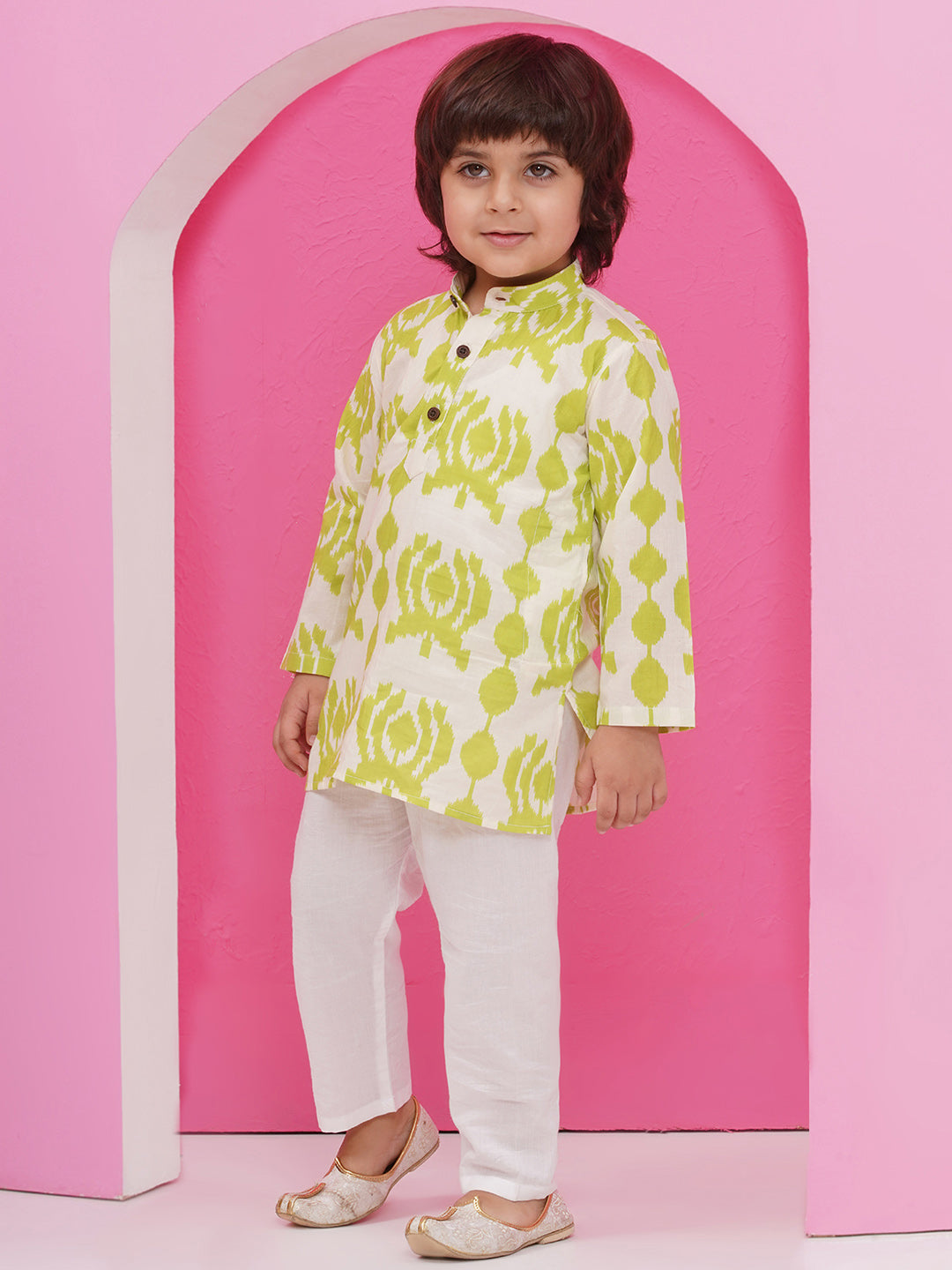 GREEN Pure Cotton Full sleeves Printed Kurta Pyjama Set for Boys