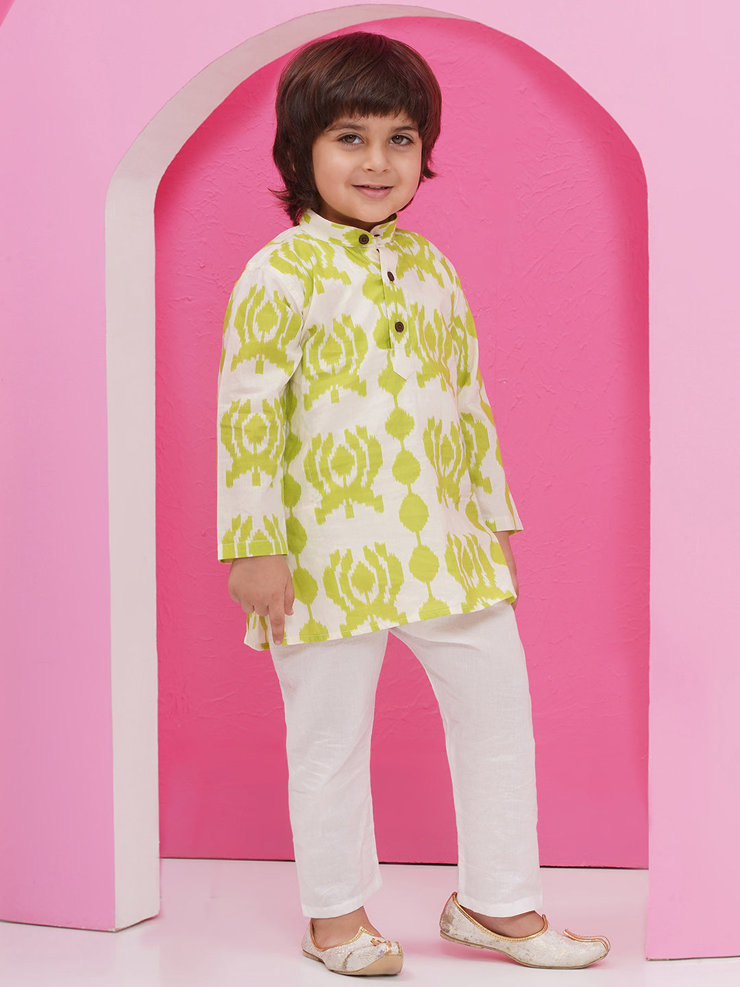 GREEN Pure Cotton Full sleeves Printed Kurta Pyjama Set for Boys