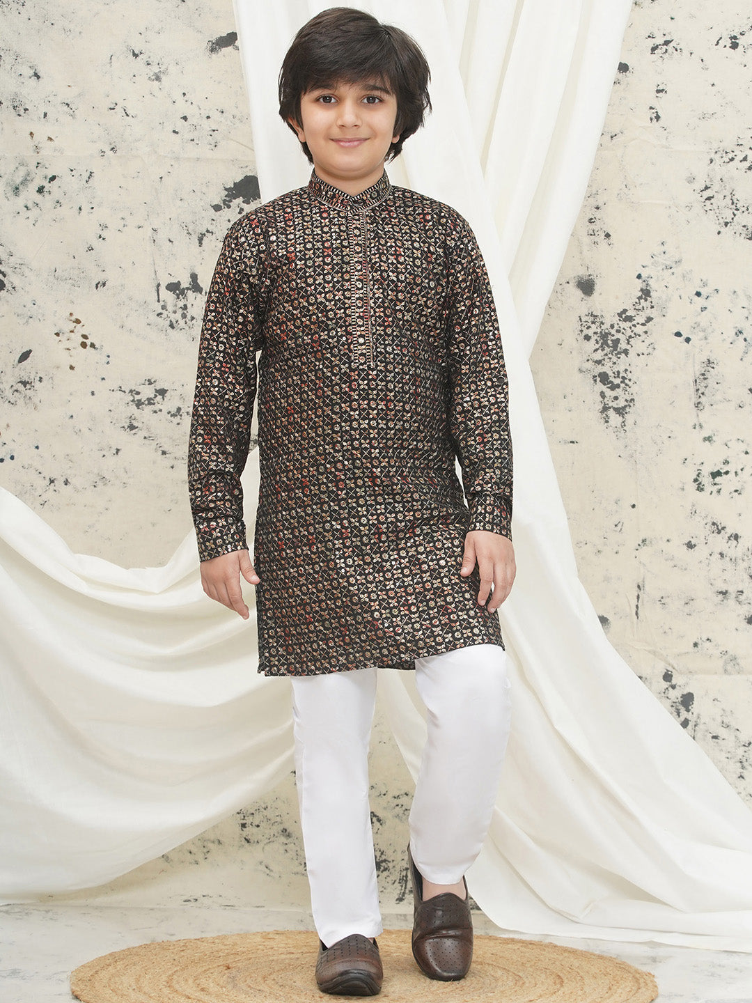 Gold Full sleeves Sequenced Cotton Blend Kurta Pyjama For Boys