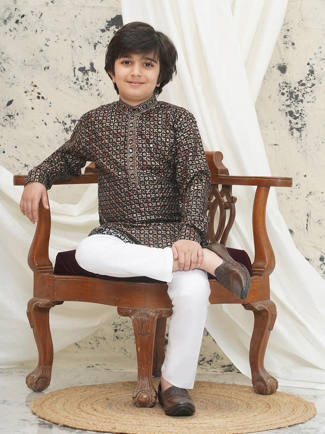 Gold Full sleeves Sequenced Cotton Blend Kurta Pyjama For Boys