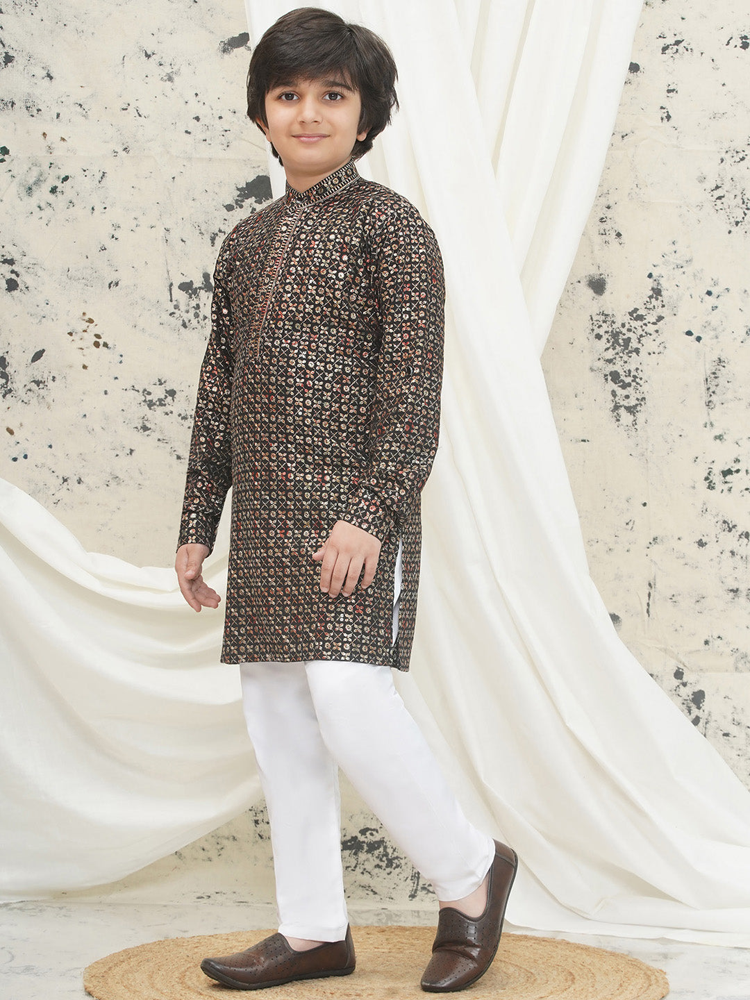 Gold Full sleeves Sequenced Cotton Blend Kurta Pyjama For Boys