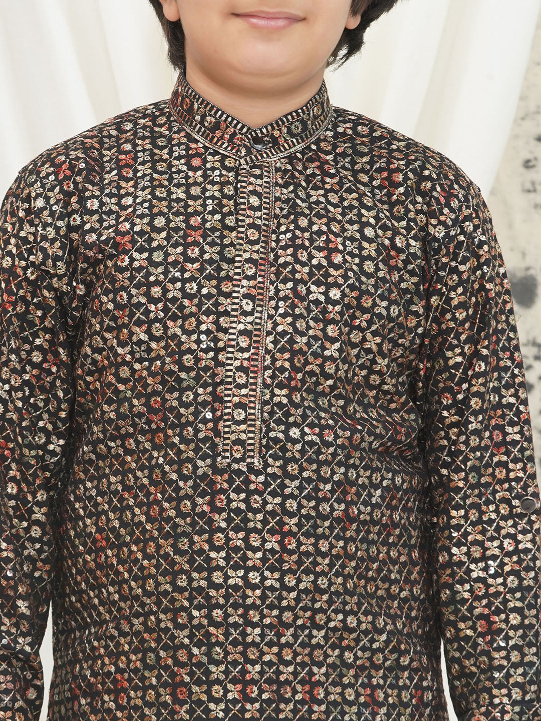 Gold Full sleeves Sequenced Cotton Blend Kurta Pyjama For Boys