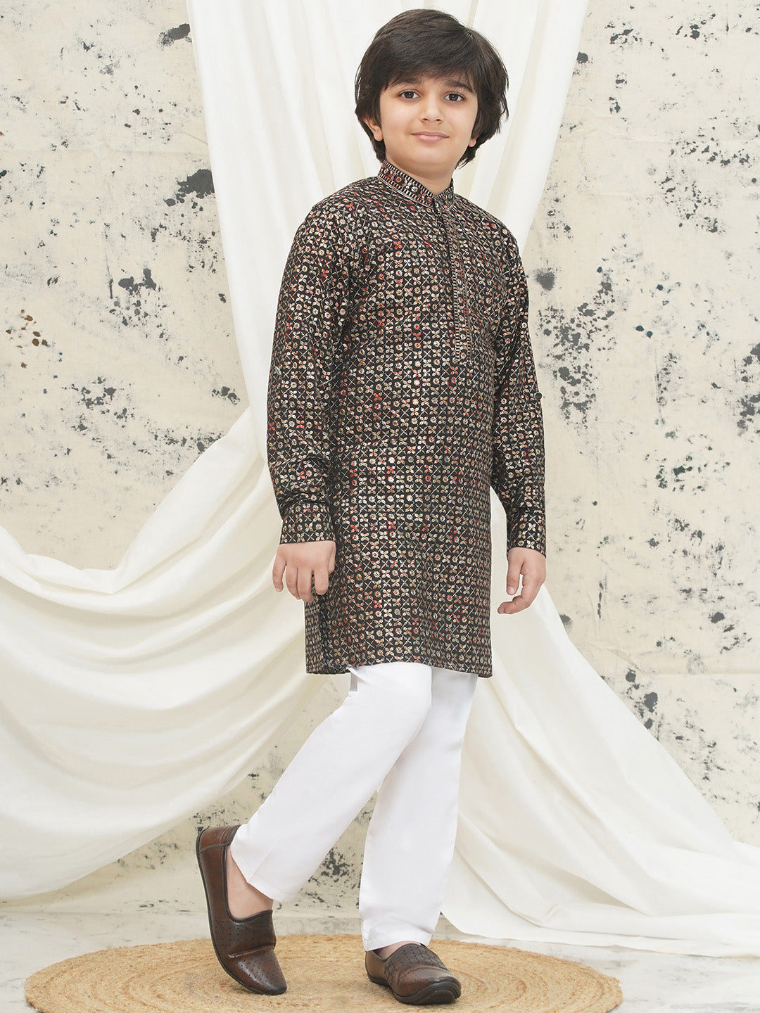 Gold Full sleeves Sequenced Cotton Blend Kurta Pyjama For Boys