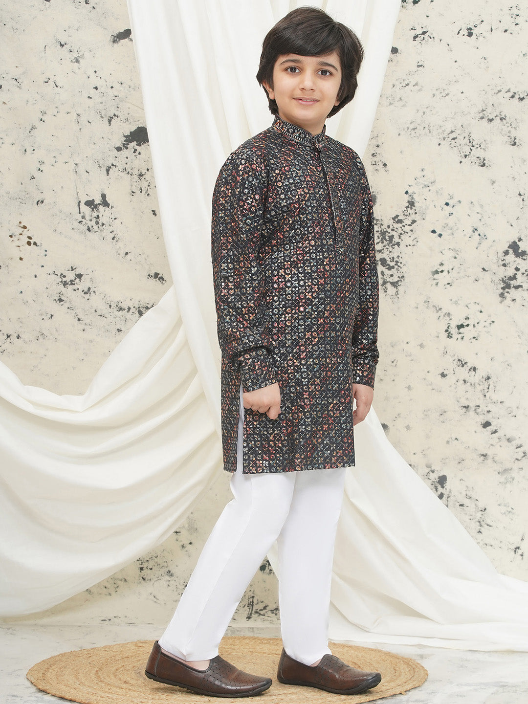 Green Full sleeves Sequenced Cotton Blend Kurta Pyjama For Boys - AJ Dezines