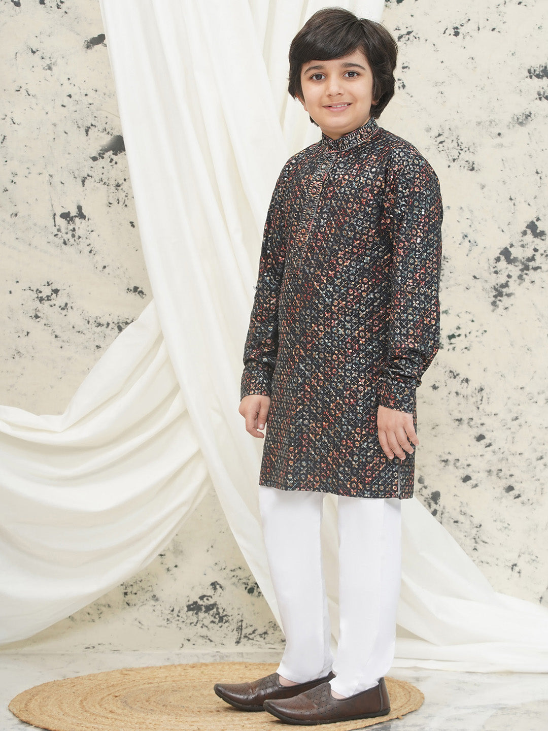 Green Full sleeves Sequenced Cotton Blend Kurta Pyjama For Boys - AJ Dezines