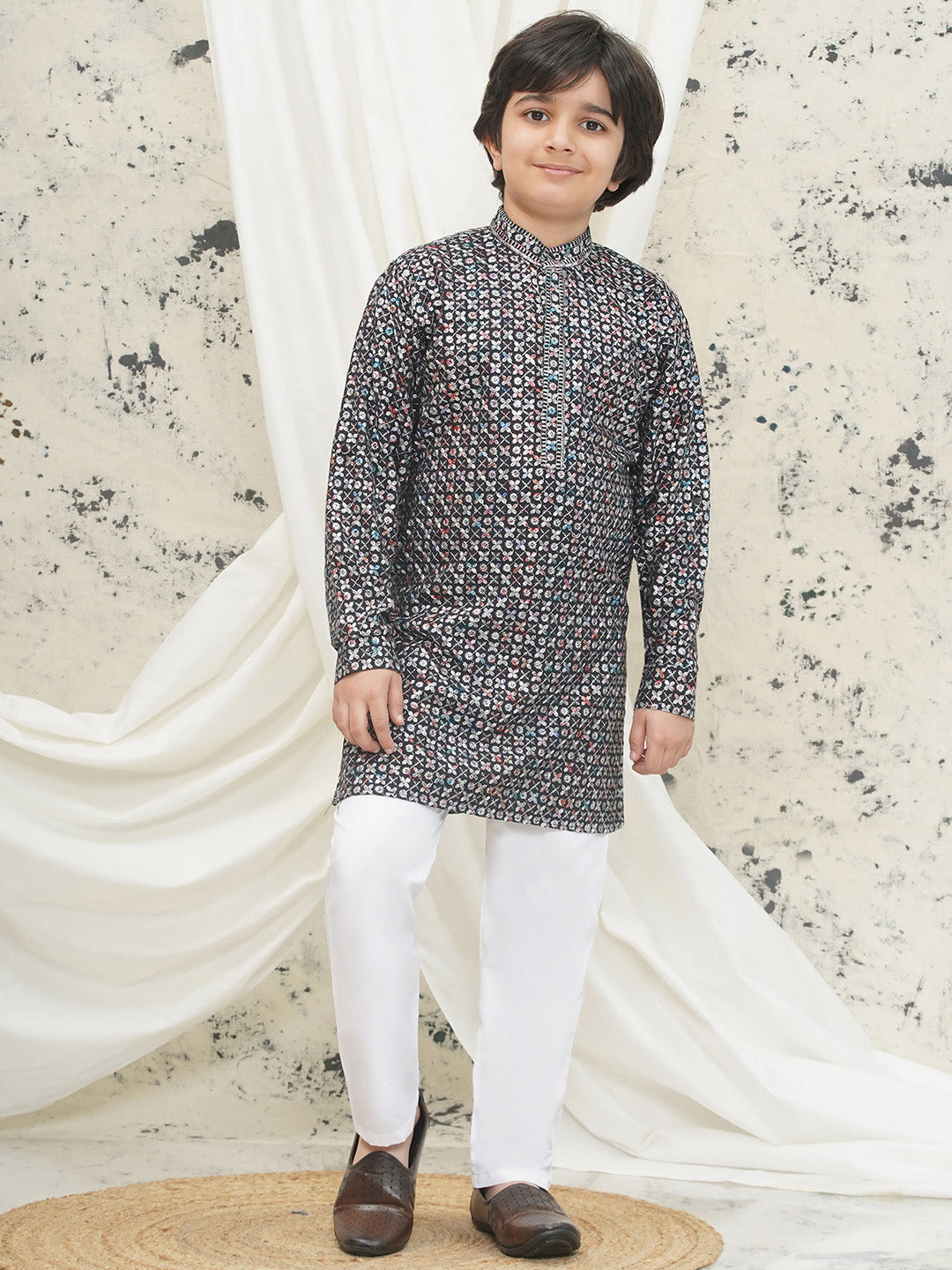 Grey Full sleeves Sequenced Cotton Blend Kurta Pyjama For Boys