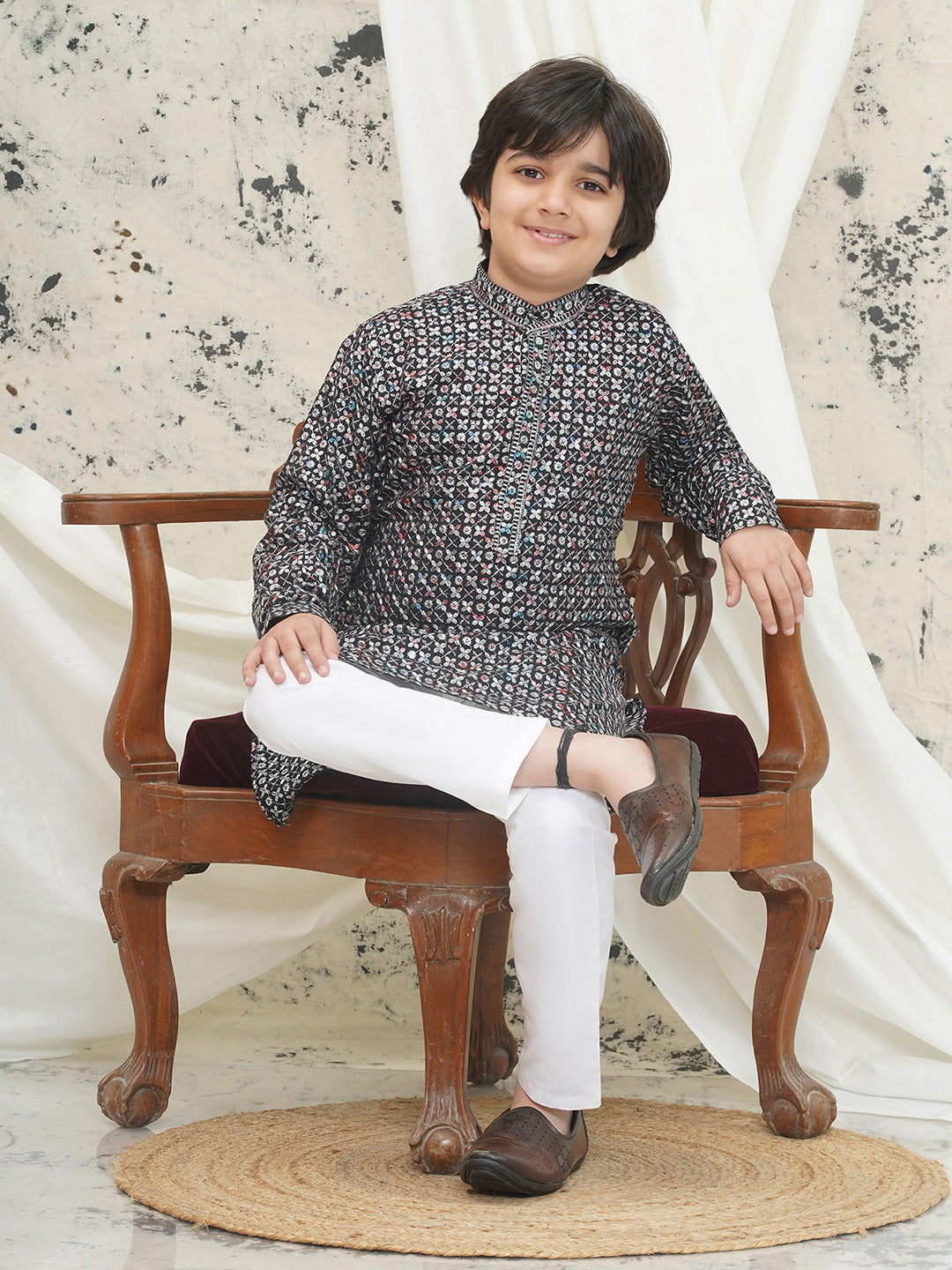 Grey Full sleeves Sequenced Cotton Blend Kurta Pyjama For Boys