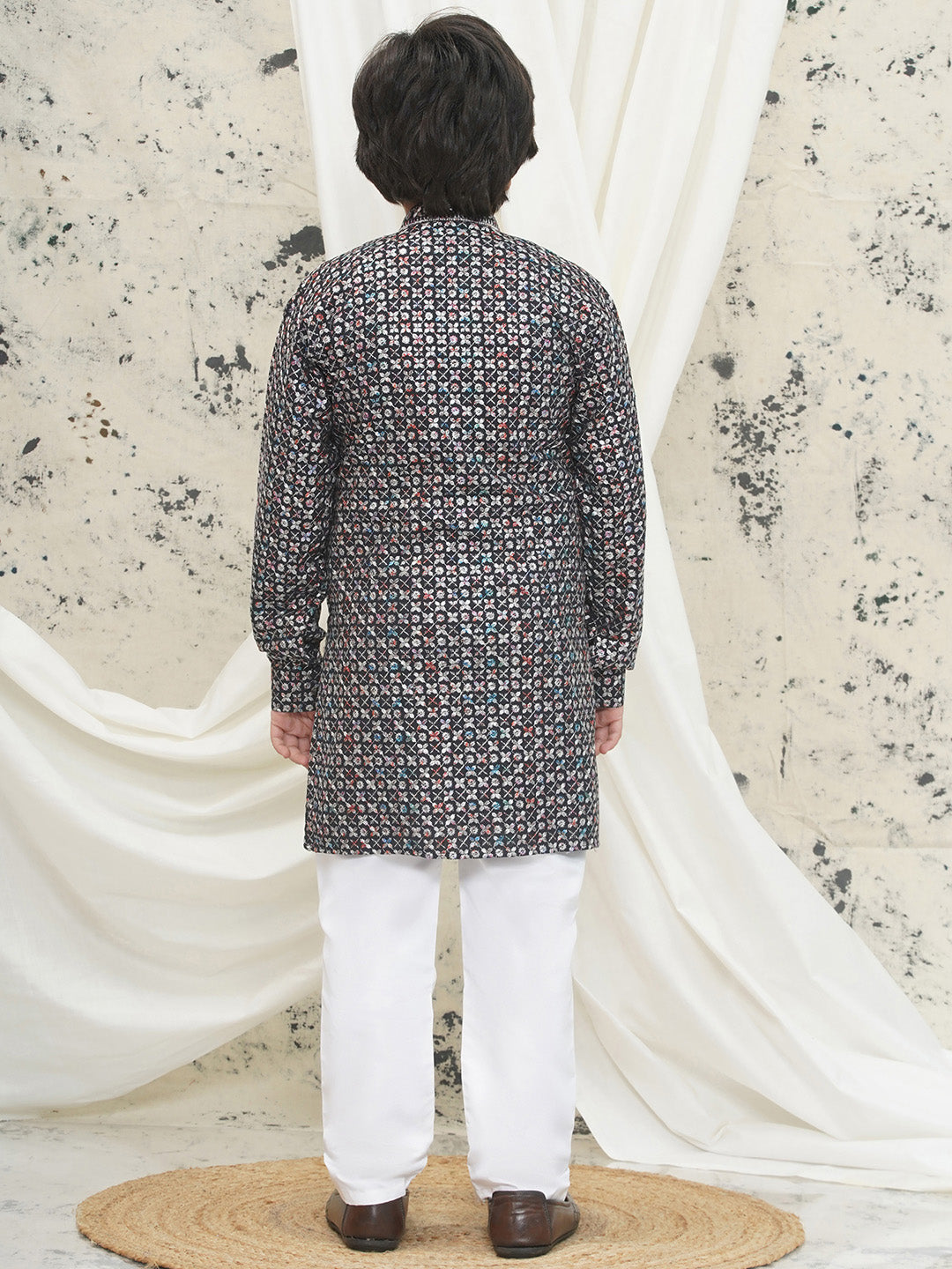 Grey Full sleeves Sequenced Cotton Blend Kurta Pyjama For Boys