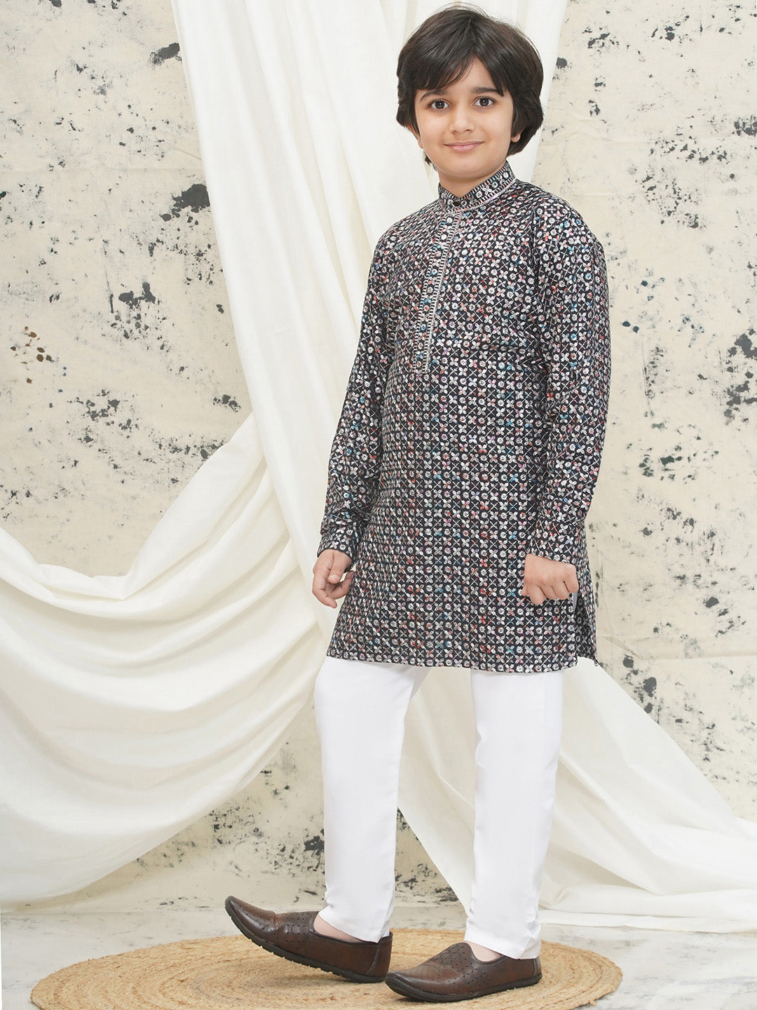 Grey Full sleeves Sequenced Cotton Blend Kurta Pyjama For Boys
