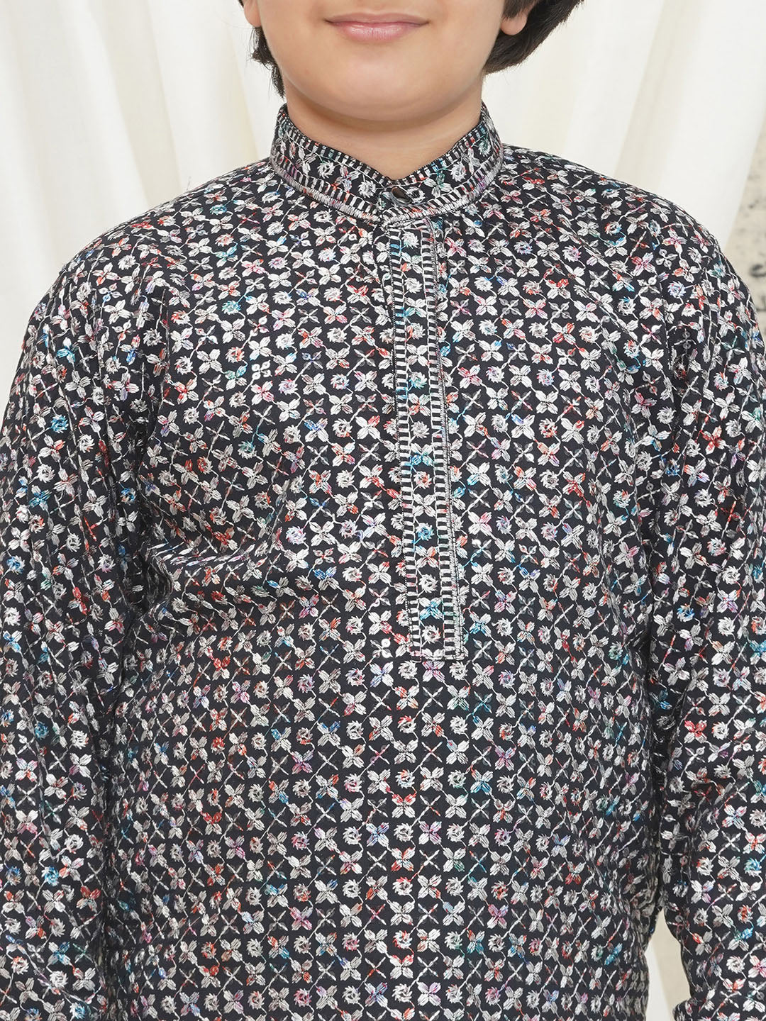 Grey Full sleeves Sequenced Cotton Blend Kurta Pyjama For Boys