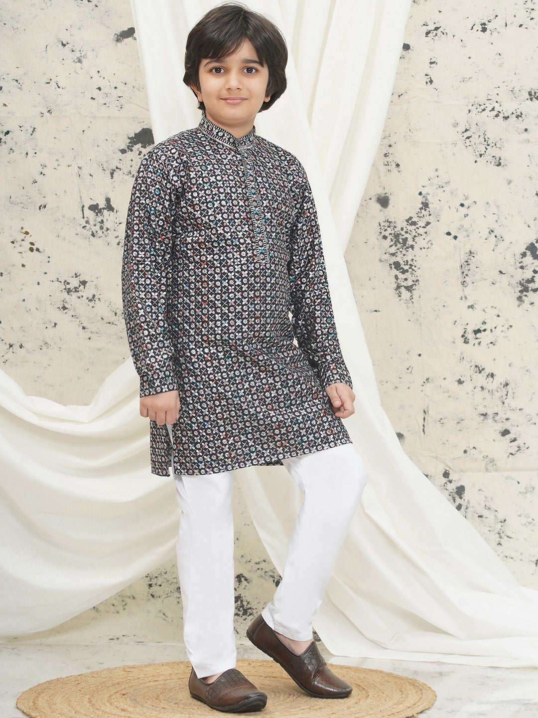 Grey Full sleeves Sequenced Cotton Blend Kurta Pyjama For Boys