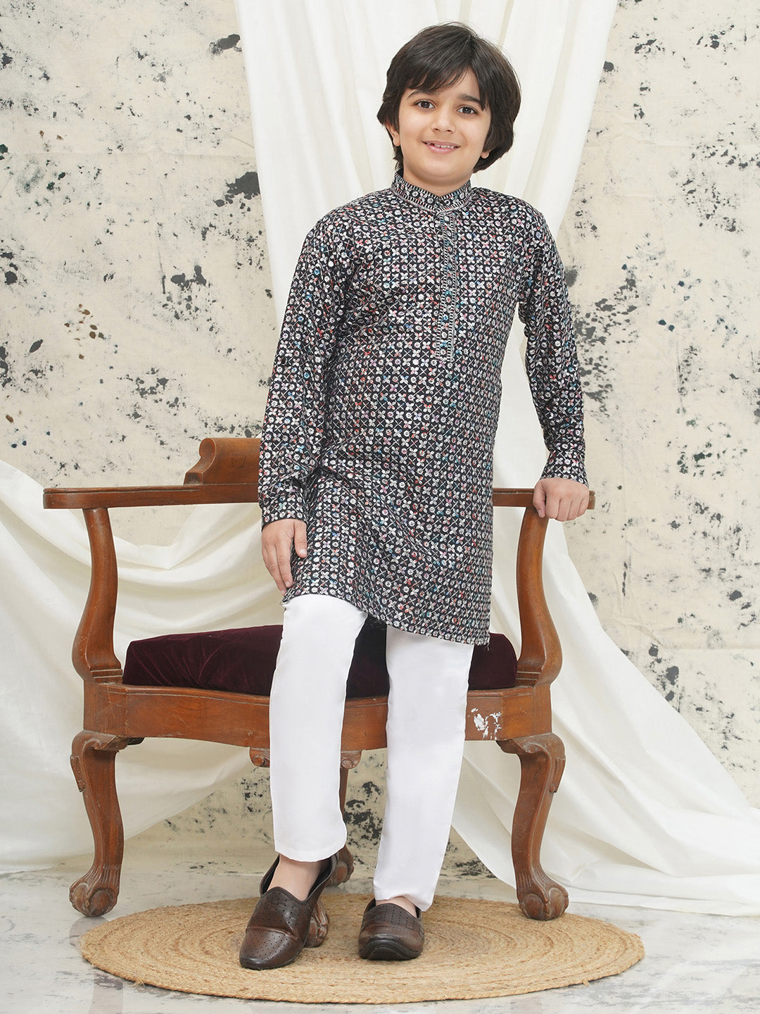 Grey Full sleeves Sequenced Cotton Blend Kurta Pyjama For Boys