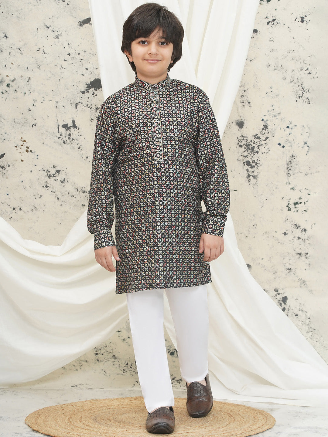 Multi Full sleeves Sequenced Cotton Blend Kurta Pyjama For Boys