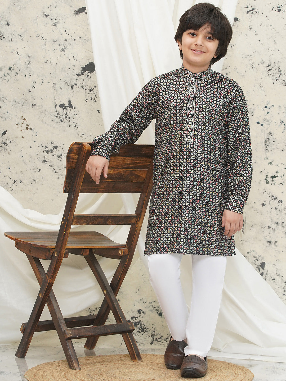 Multi Full sleeves Sequenced Cotton Blend Kurta Pyjama For Boys
