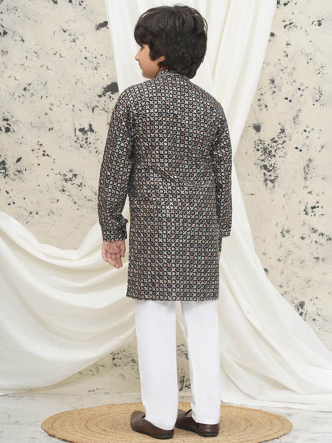 Multi Full sleeves Sequenced Cotton Blend Kurta Pyjama For Boys