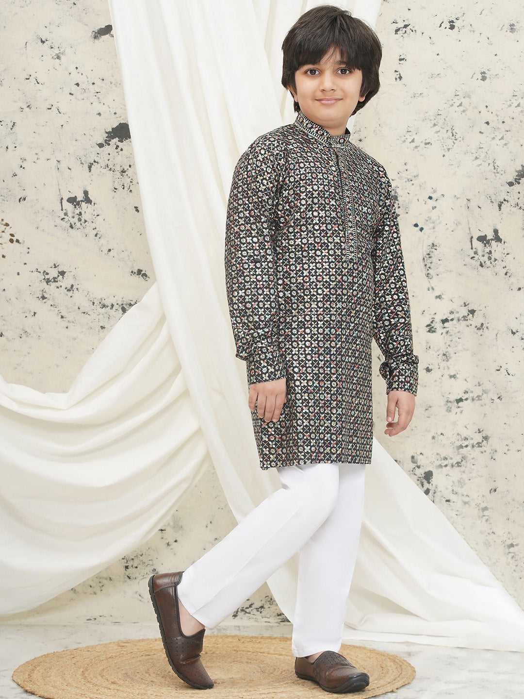 Multi Full sleeves Sequenced Cotton Blend Kurta Pyjama For Boys