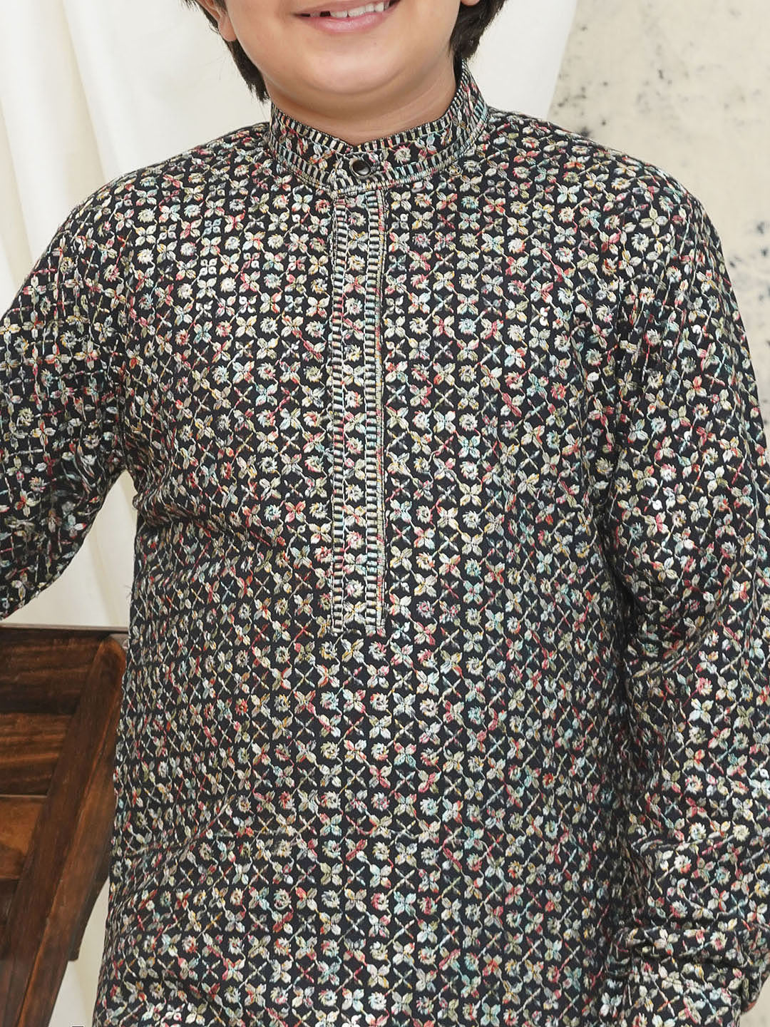 Multi Full sleeves Sequenced Cotton Blend Kurta Pyjama For Boys