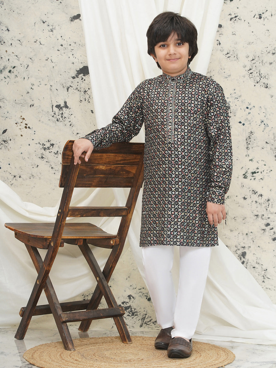Multi Full sleeves Sequenced Cotton Blend Kurta Pyjama For Boys
