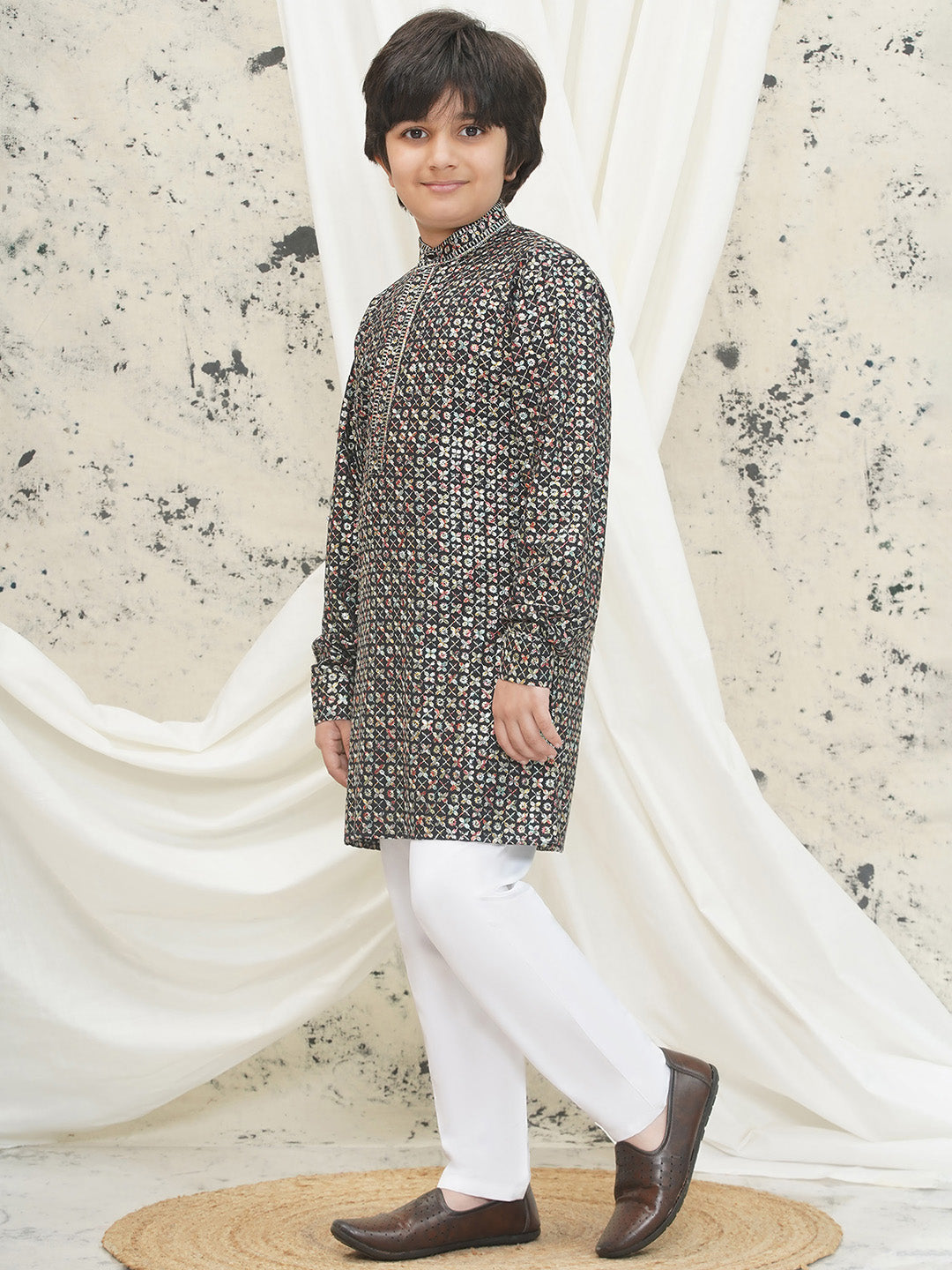 Multi Full sleeves Sequenced Cotton Blend Kurta Pyjama For Boys