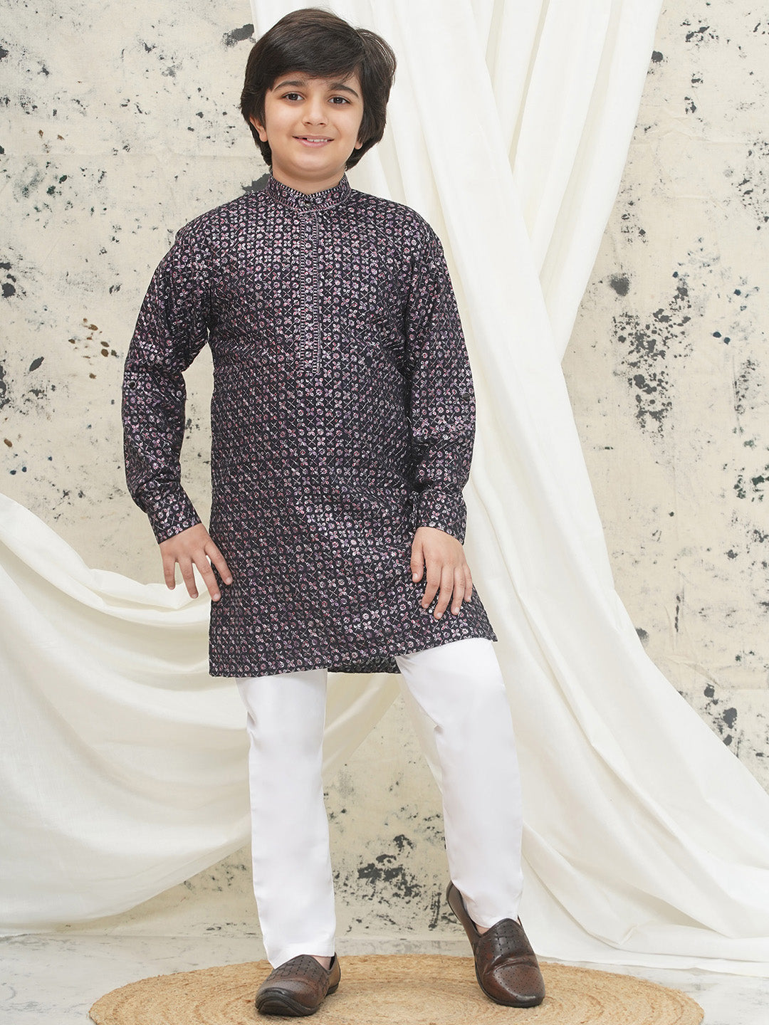 Purple Full sleeves Sequenced Cotton Blend Kurta Pyjama For Boys