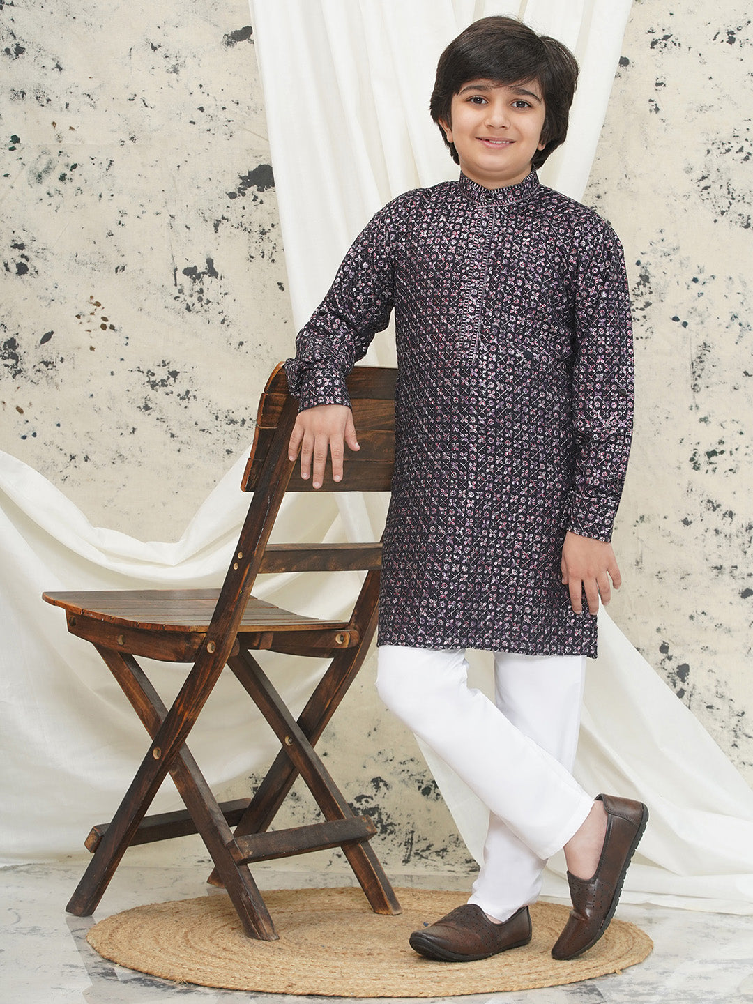 Purple Full sleeves Sequenced Cotton Blend Kurta Pyjama For Boys