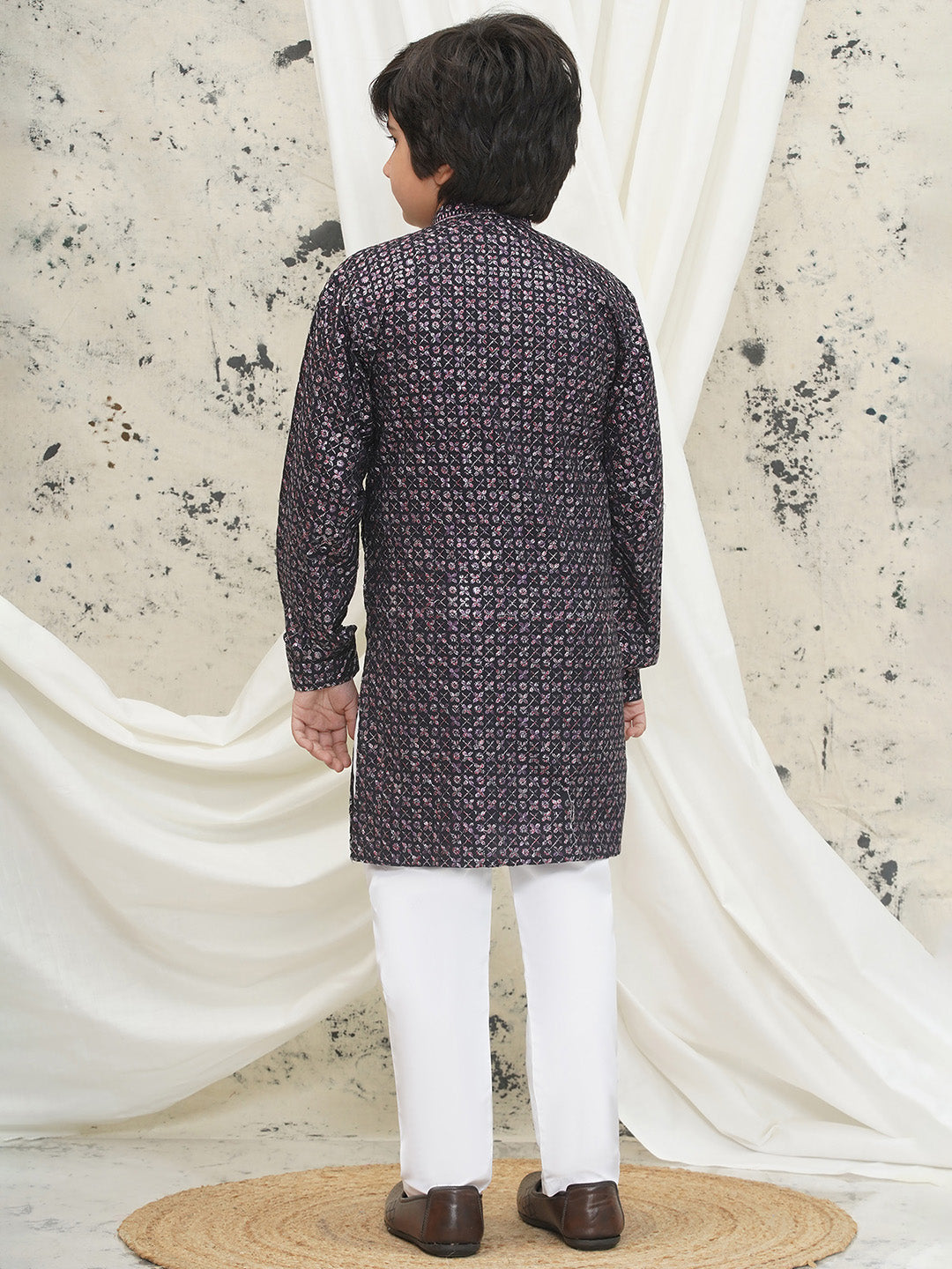 Purple Full sleeves Sequenced Cotton Blend Kurta Pyjama For Boys