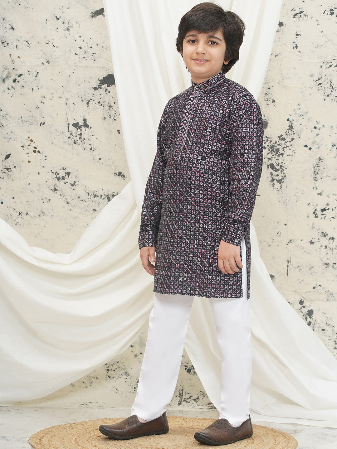 Purple Full sleeves Sequenced Cotton Blend Kurta Pyjama For Boys
