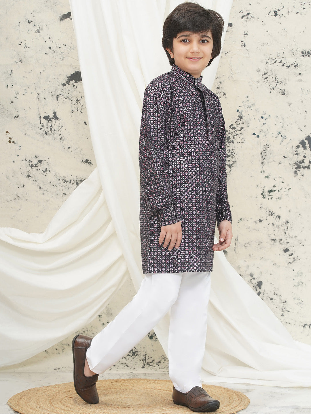 Purple Full sleeves Sequenced Cotton Blend Kurta Pyjama For Boys
