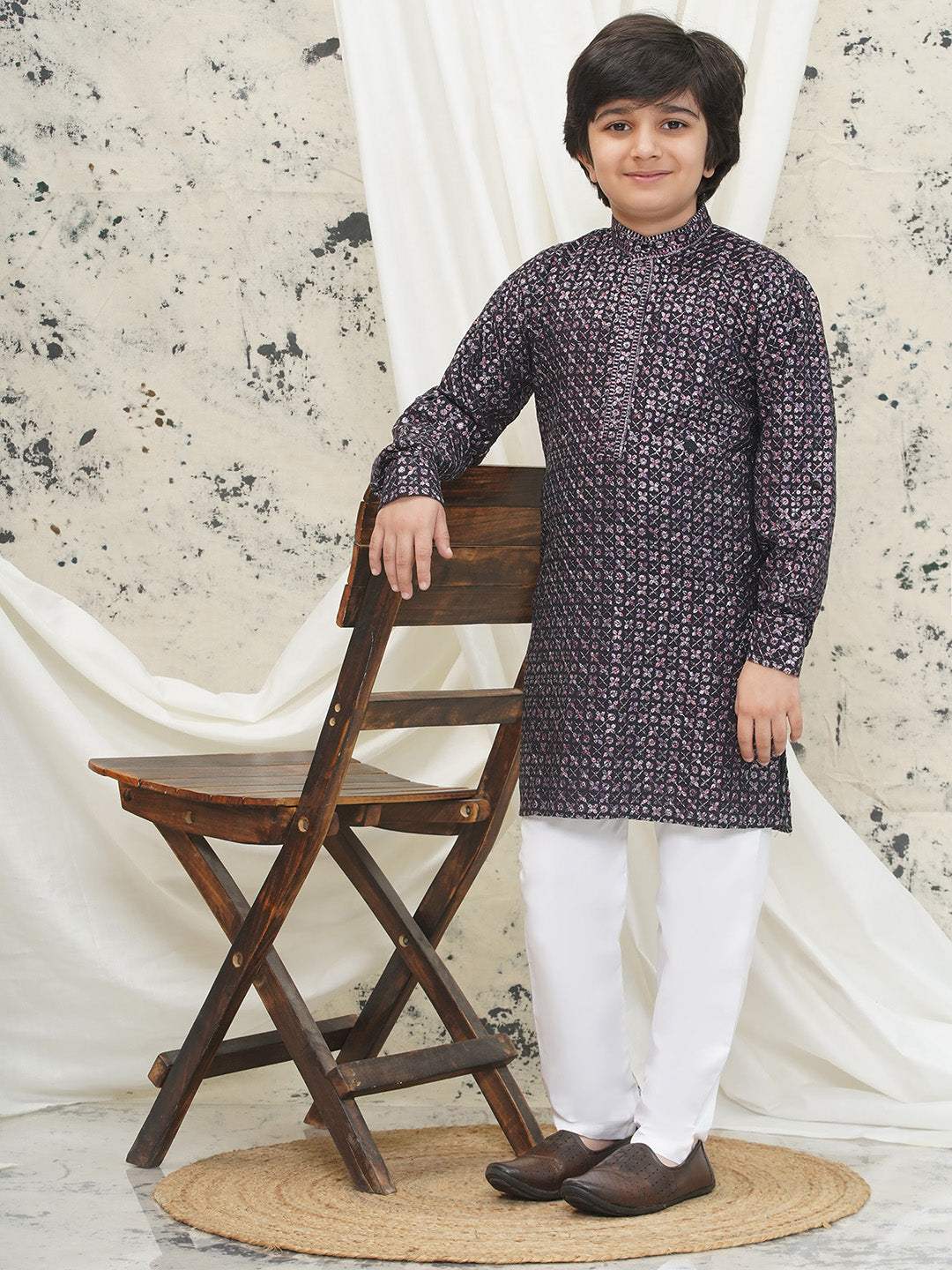 Purple Full sleeves Sequenced Cotton Blend Kurta Pyjama For Boys
