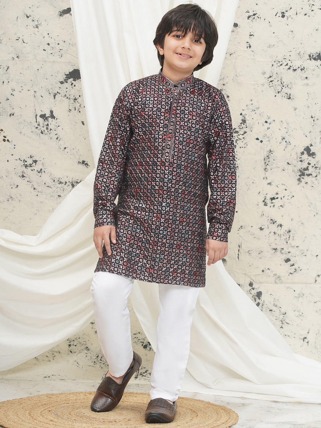 Red Full sleeves Sequenced Cotton Blend Kurta Pyjama For Boys - AJ Dezines