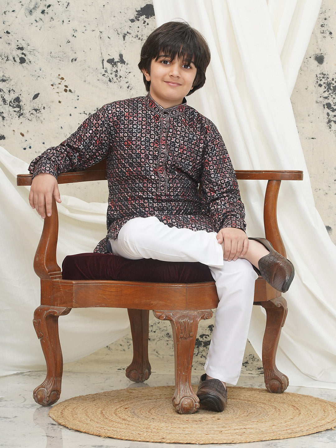 Red Full sleeves Sequenced Cotton Blend Kurta Pyjama For Boys - AJ Dezines