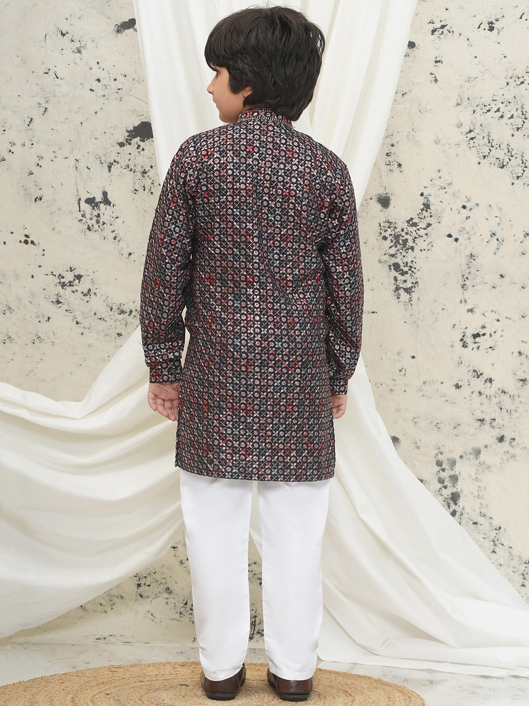 Red Full sleeves Sequenced Cotton Blend Kurta Pyjama For Boys - AJ Dezines