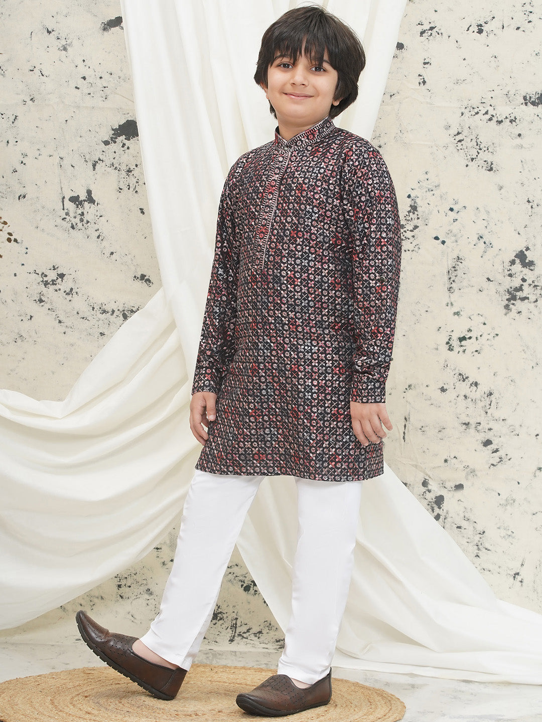Red Full sleeves Sequenced Cotton Blend Kurta Pyjama For Boys - AJ Dezines